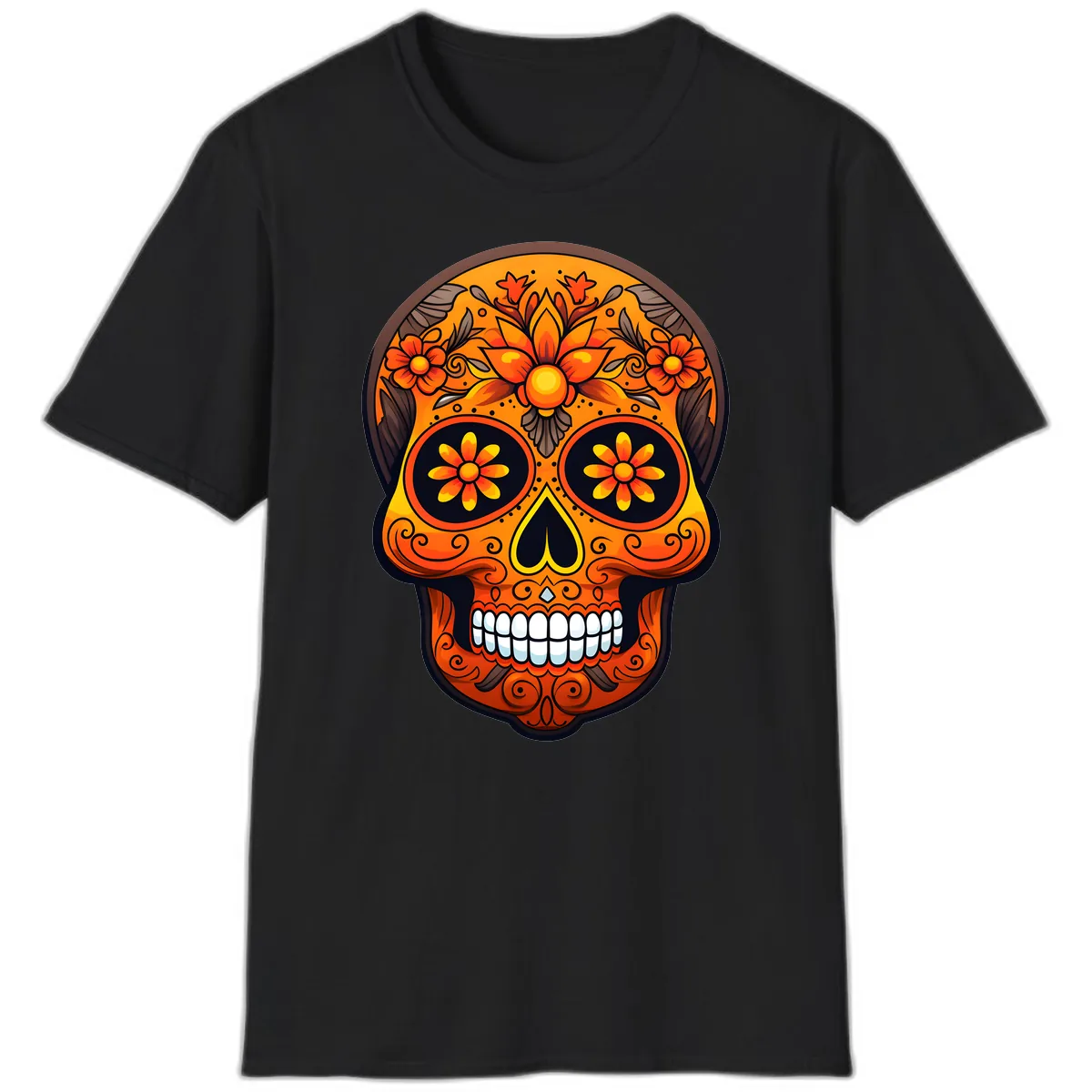 Vibrant Floral Calavera Day of the Dead Skull T-Shirt in Black