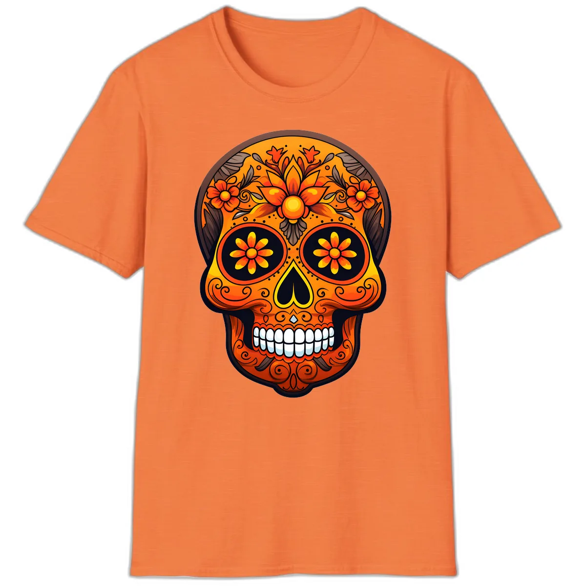 Vibrant Floral Calavera Day of the Dead Skull T-Shirt in Heather Orange