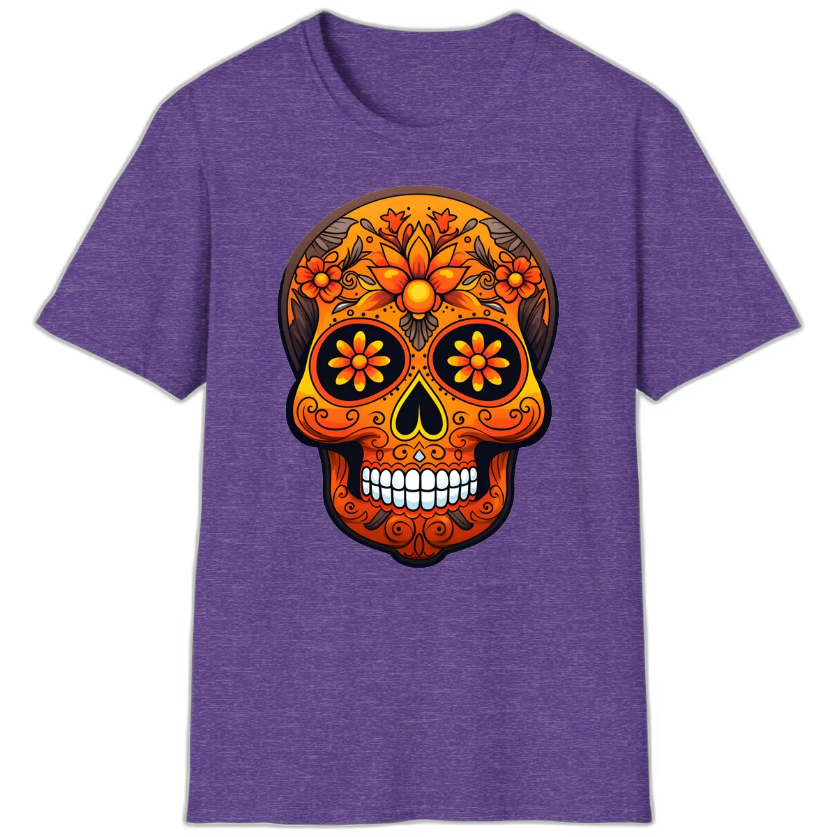 Vibrant Floral Calavera Day of the Dead Skull T-Shirt in Heather Purple