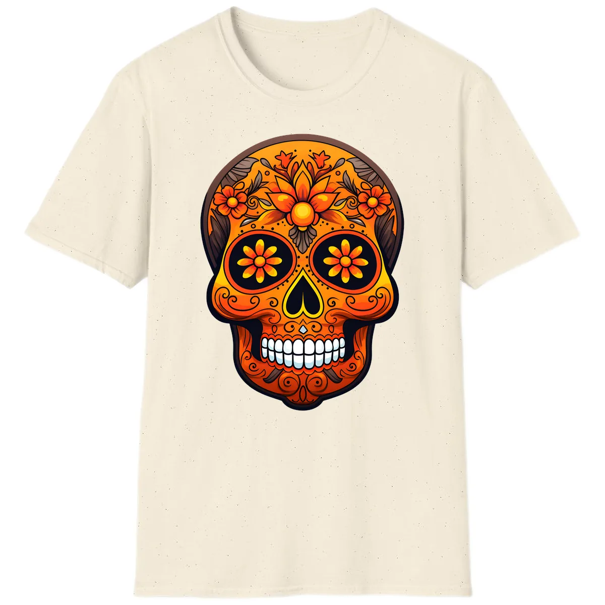 Vibrant Floral Calavera Day of the Dead Skull T-Shirt in Natural