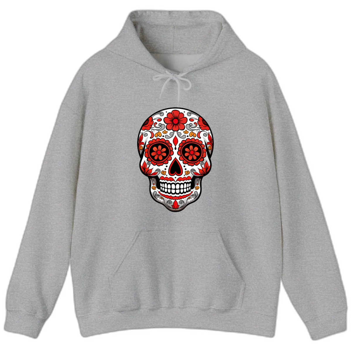 Vibrant Floral Ornate Calavera Sugar Skull Hoodie in Sport Grey