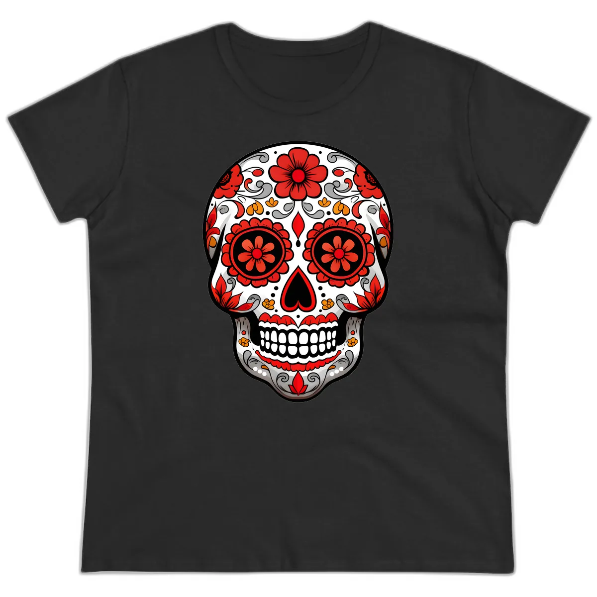 Vibrant Floral Ornate Calavera Sugar Skull Ladies Tee in Black