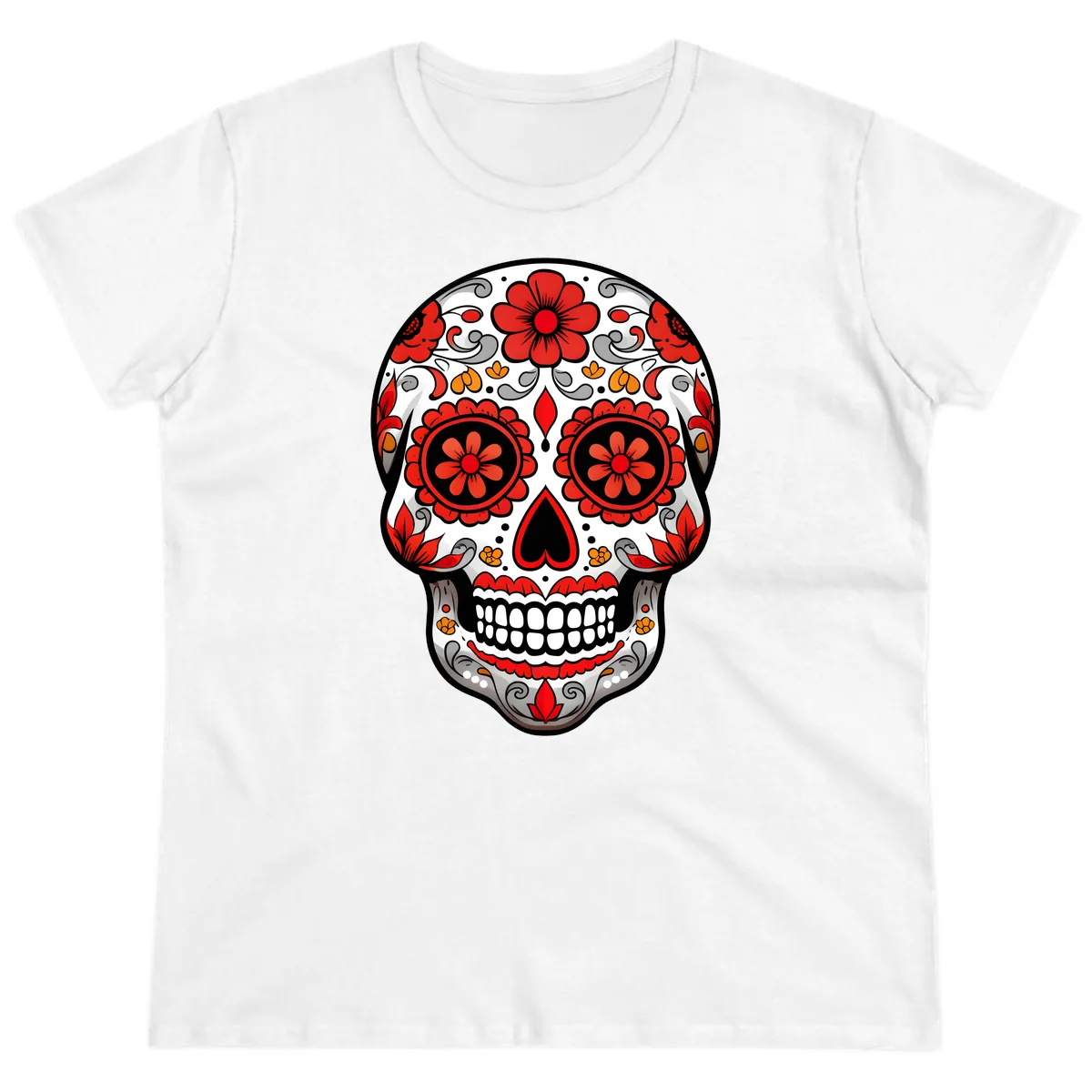 Vibrant Floral Ornate Calavera Sugar Skull Ladies Tee in White