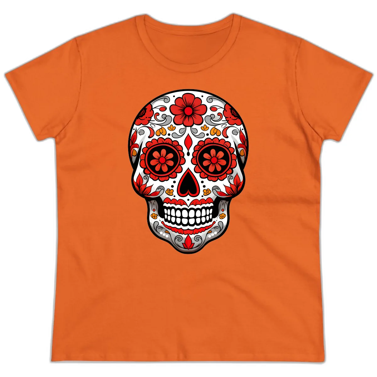 Vibrant Floral Ornate Calavera Sugar Skull Ladies Tee in Orange