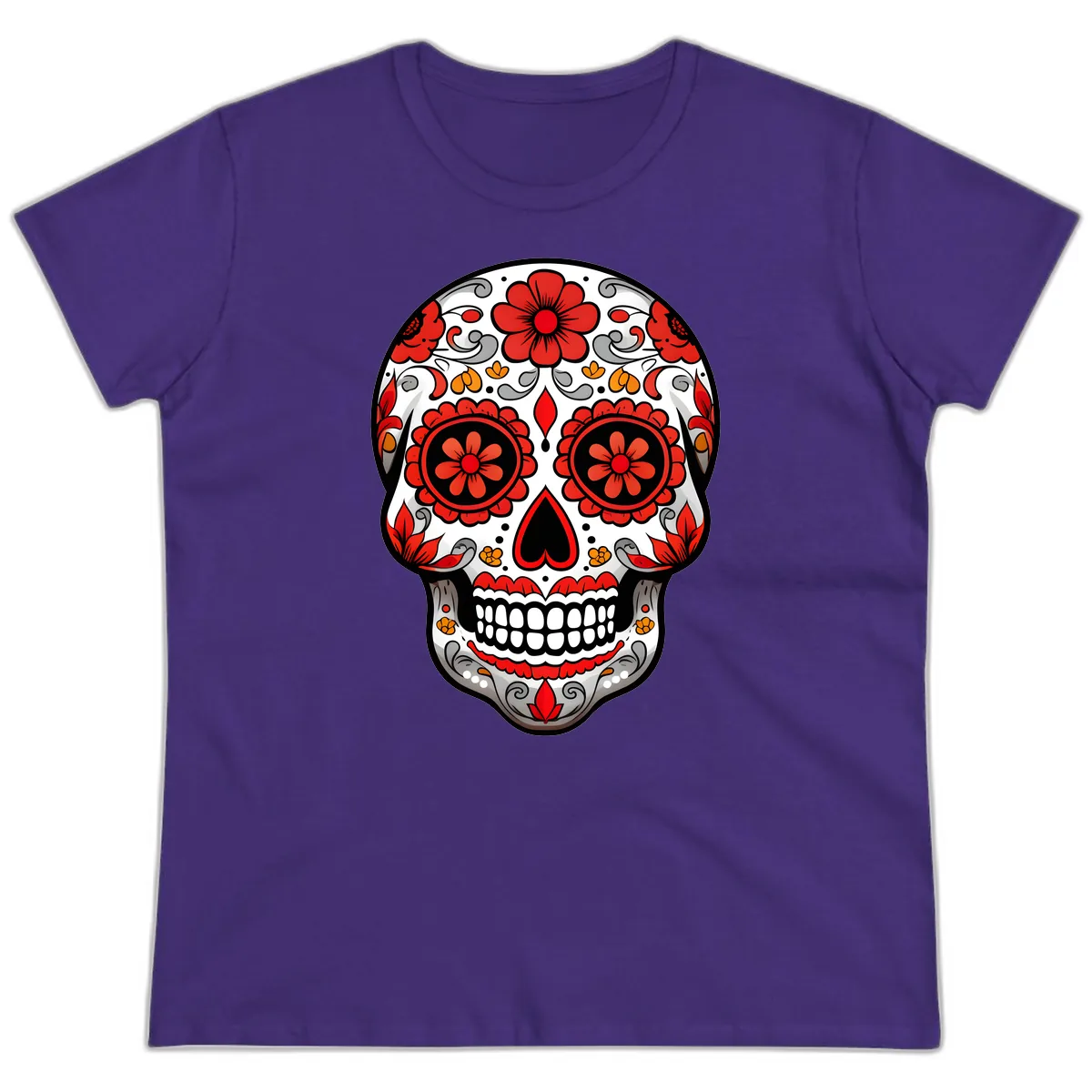 Vibrant Floral Ornate Calavera Sugar Skull Ladies Tee in Purple
