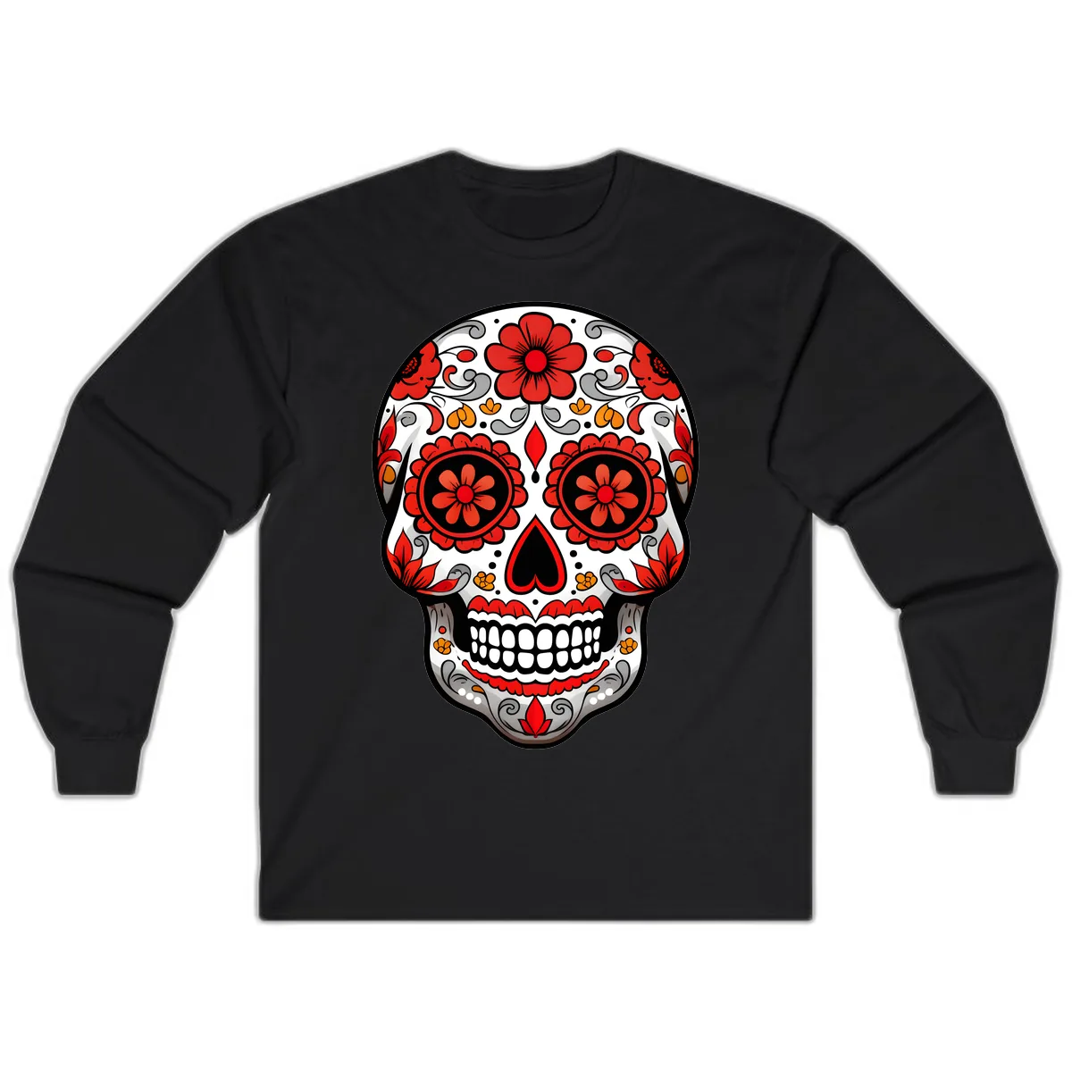 Vibrant Floral Ornate Calavera Sugar Skull Long Sleeve in Black
