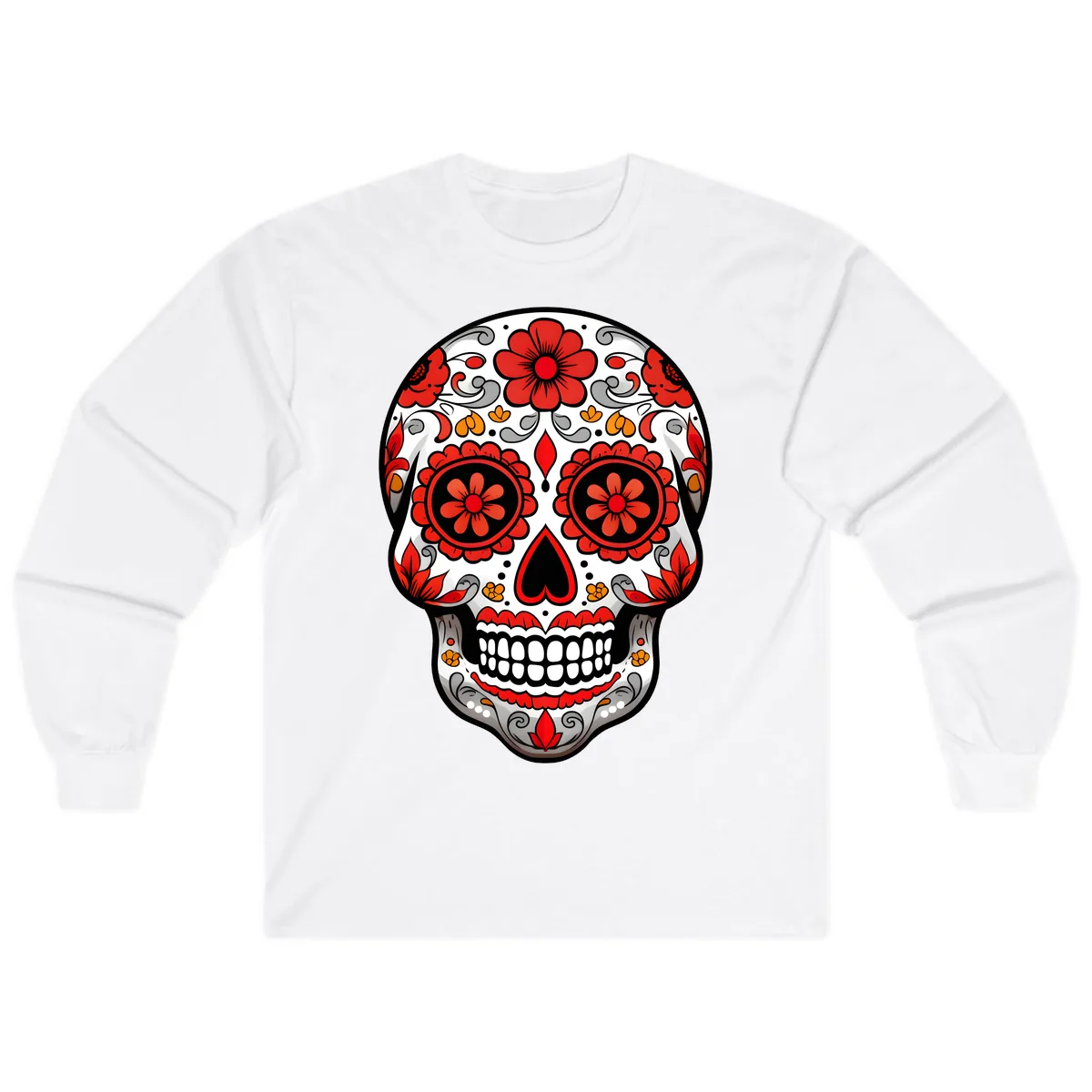 Vibrant Floral Ornate Calavera Sugar Skull Long Sleeve in White