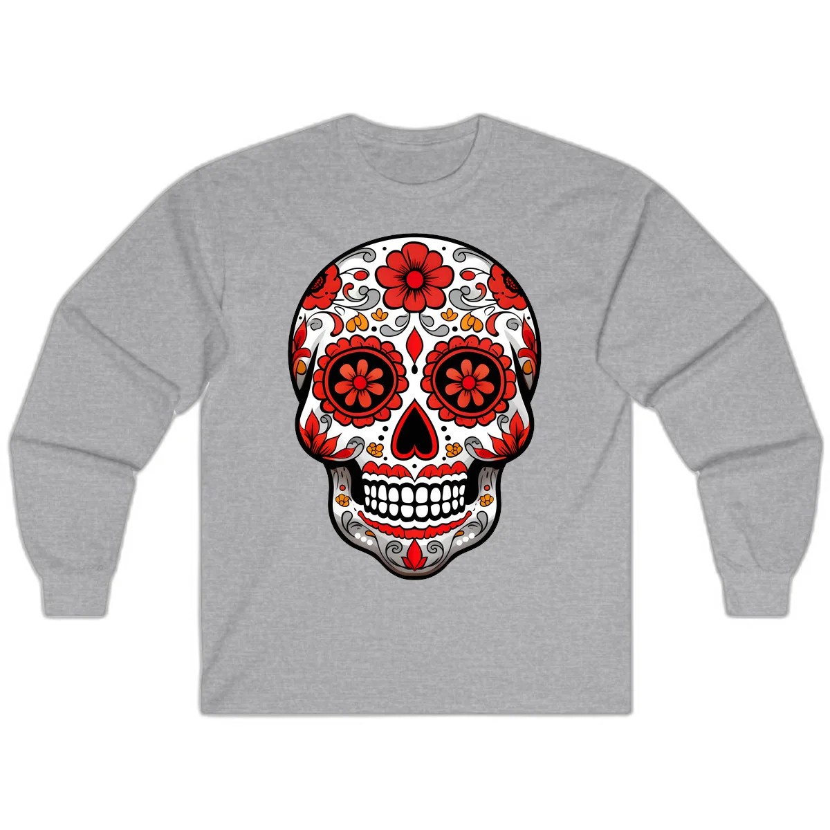 Vibrant Floral Ornate Calavera Sugar Skull Long Sleeve in Sport Grey