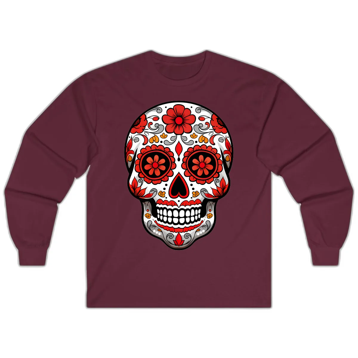 Vibrant Floral Ornate Calavera Sugar Skull Long Sleeve in Maroon