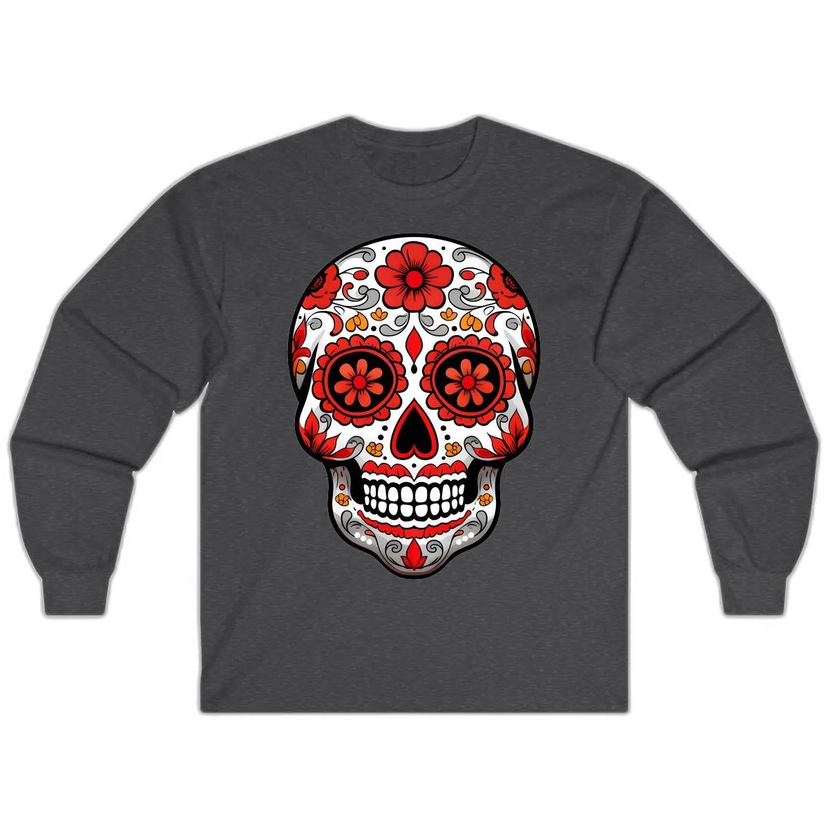 Vibrant Floral Ornate Calavera Sugar Skull Long Sleeve in Dark Heather