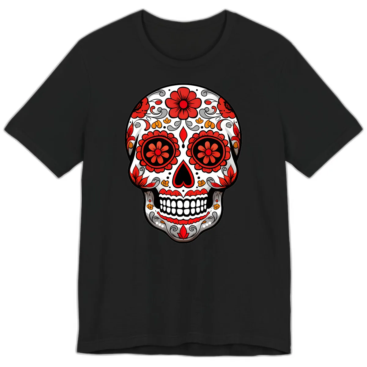 Vibrant Floral Ornate Calavera Sugar Skull Premium T-Shirt in Black