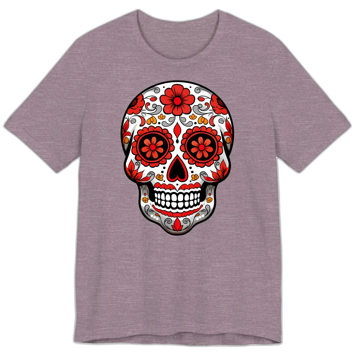 Vibrant Floral Ornate Calavera Sugar Skull Premium T-Shirt in Heather Purple