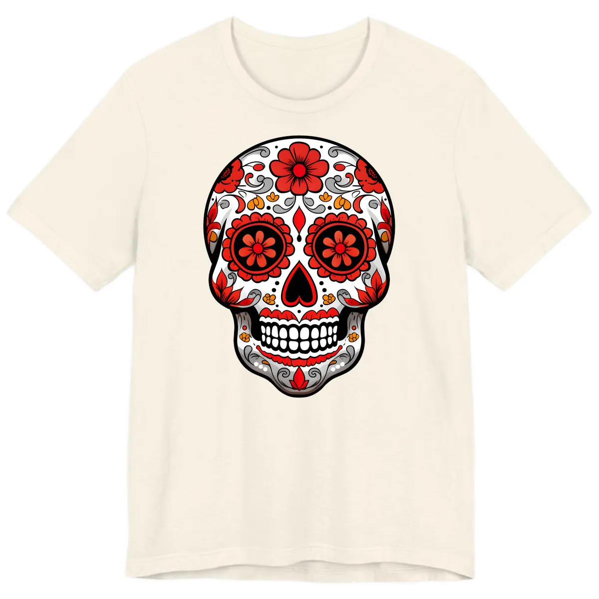 Vibrant Floral Ornate Calavera Sugar Skull Premium T-Shirt in Natural