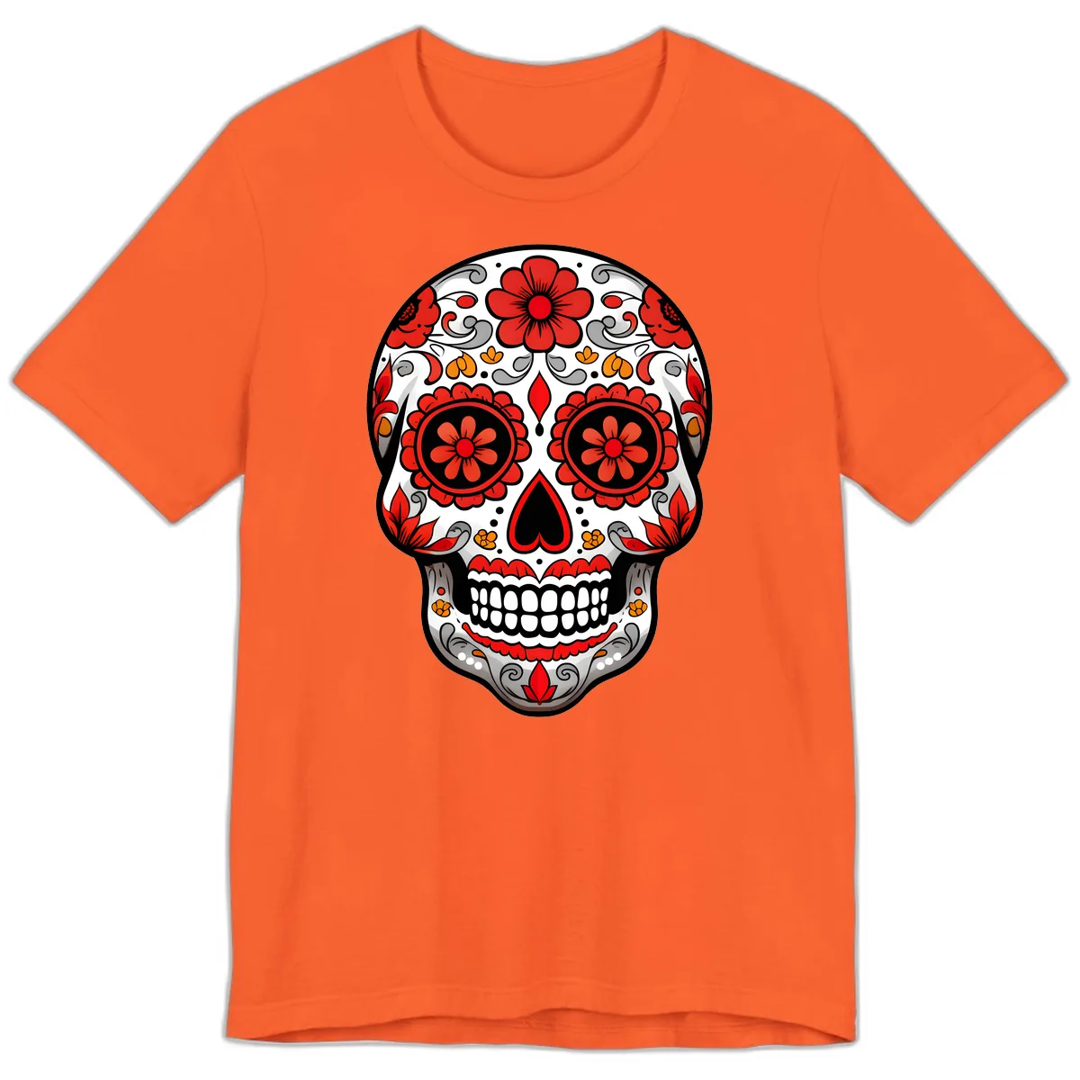 Vibrant Floral Ornate Calavera Sugar Skull Premium T-Shirt in Orange