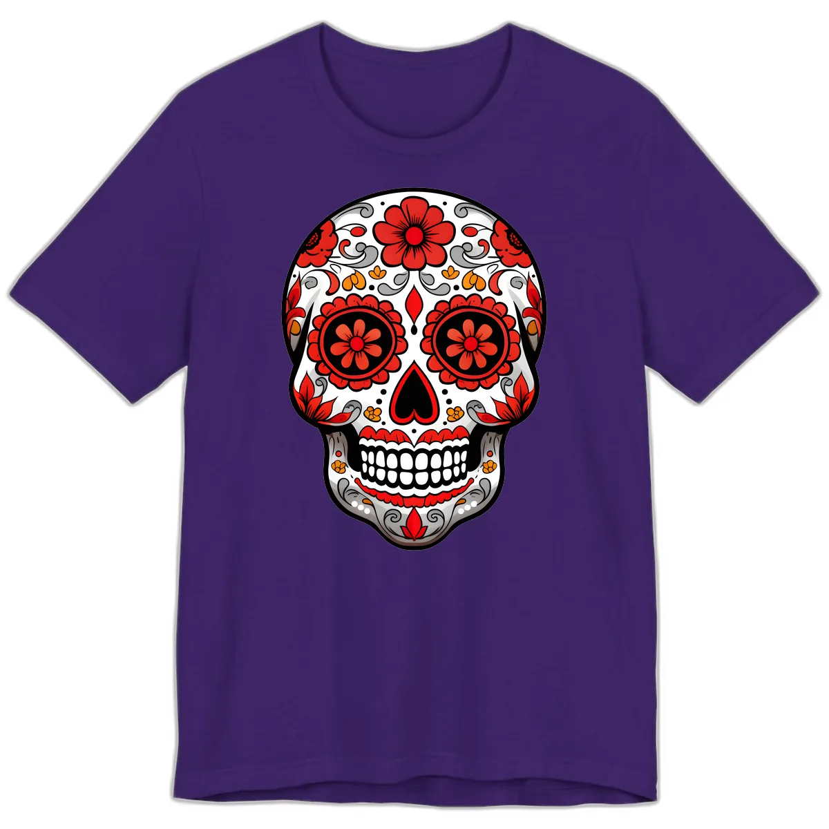 Vibrant Floral Ornate Calavera Sugar Skull Premium T-Shirt in Team Purple