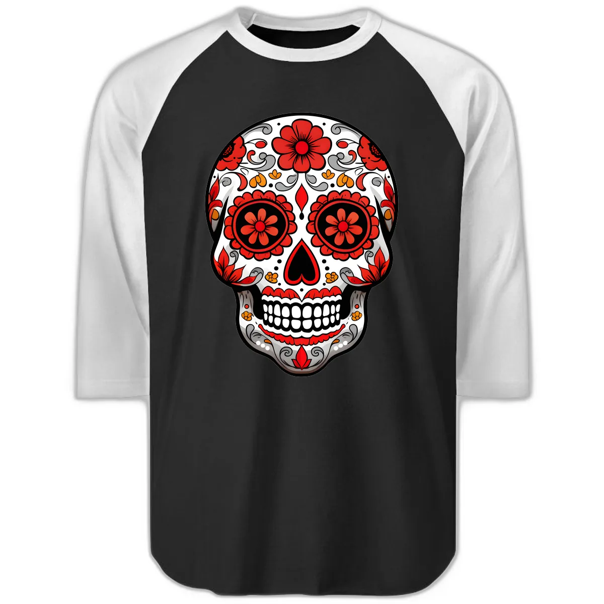 Vibrant Floral Ornate Calavera Sugar Skull Raglan 3/4 in Black White