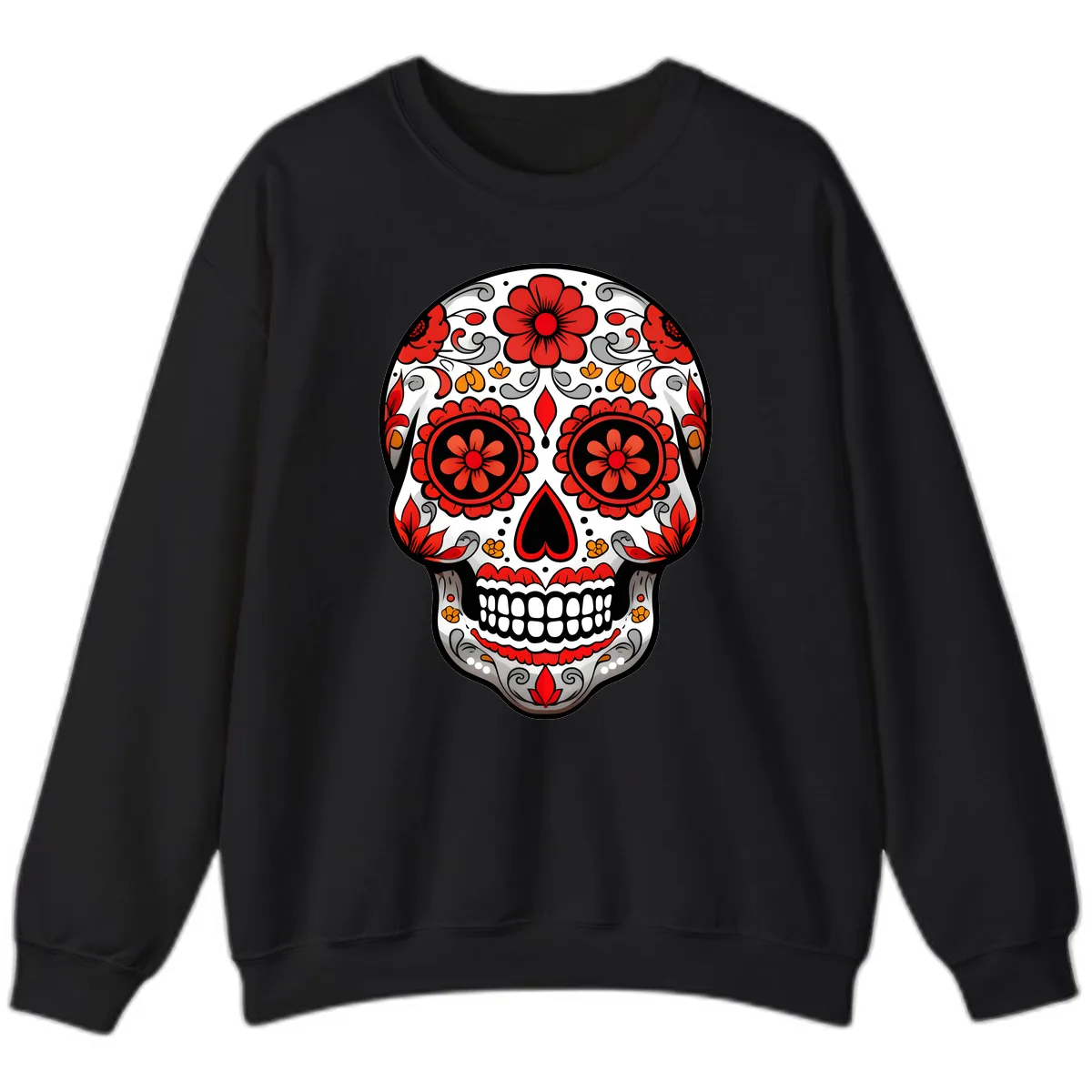 Vibrant Floral Ornate Calavera Sugar Skull Sweatshirt in Black