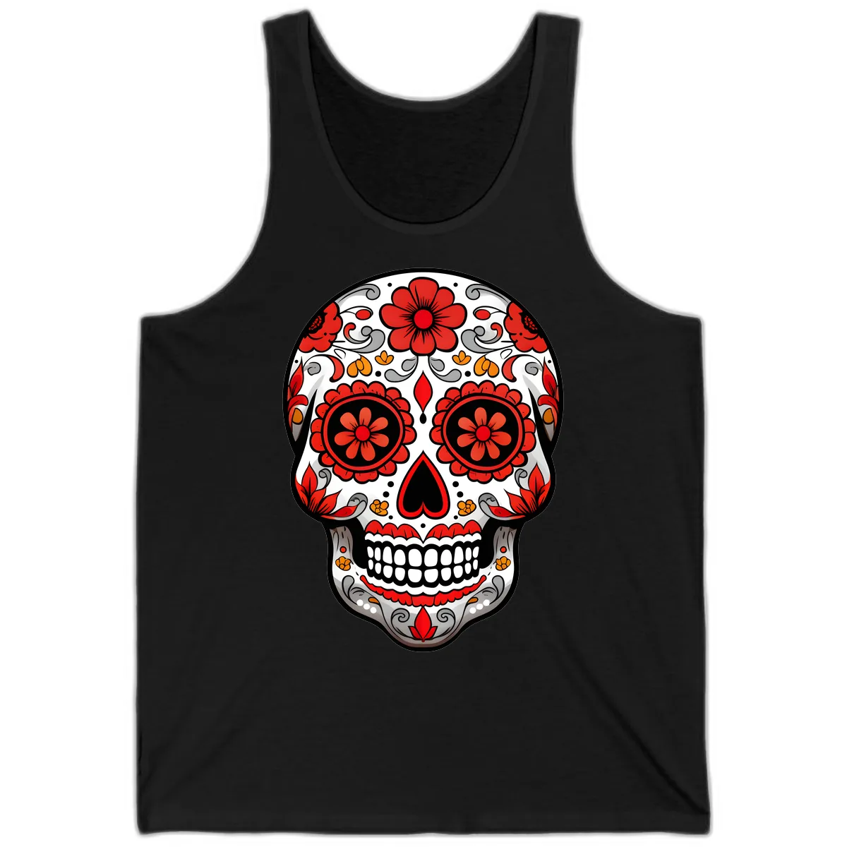 Vibrant Floral Ornate Calavera Sugar Skull Tank in Black