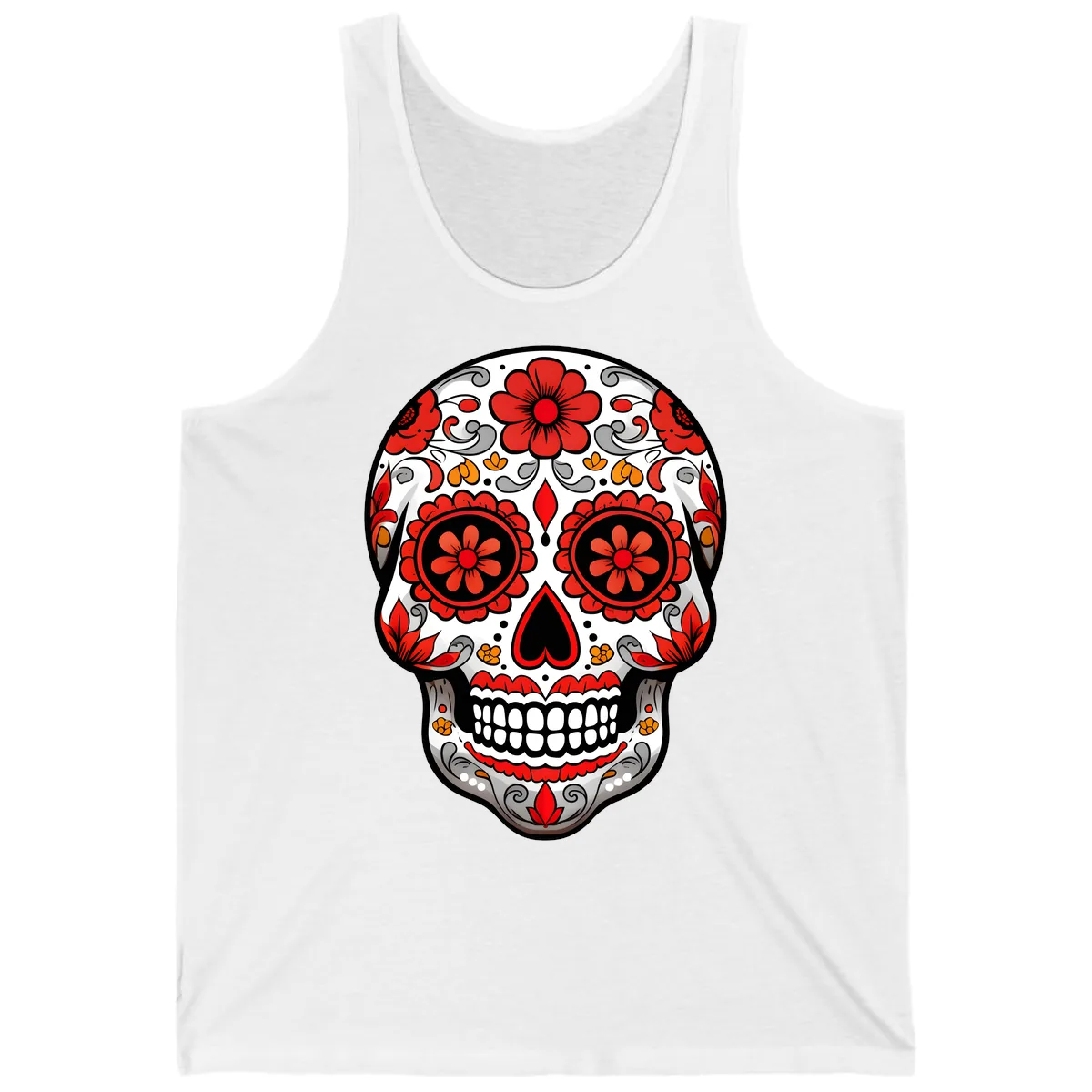 Vibrant Floral Ornate Calavera Sugar Skull Tank in White