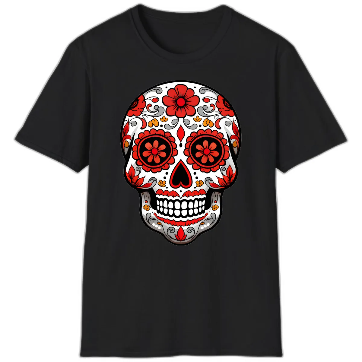 Vibrant Floral Ornate Calavera Sugar Skull T-Shirt in Black