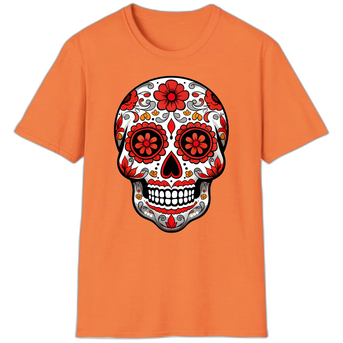 Vibrant Floral Ornate Calavera Sugar Skull T-Shirt in Heather Orange