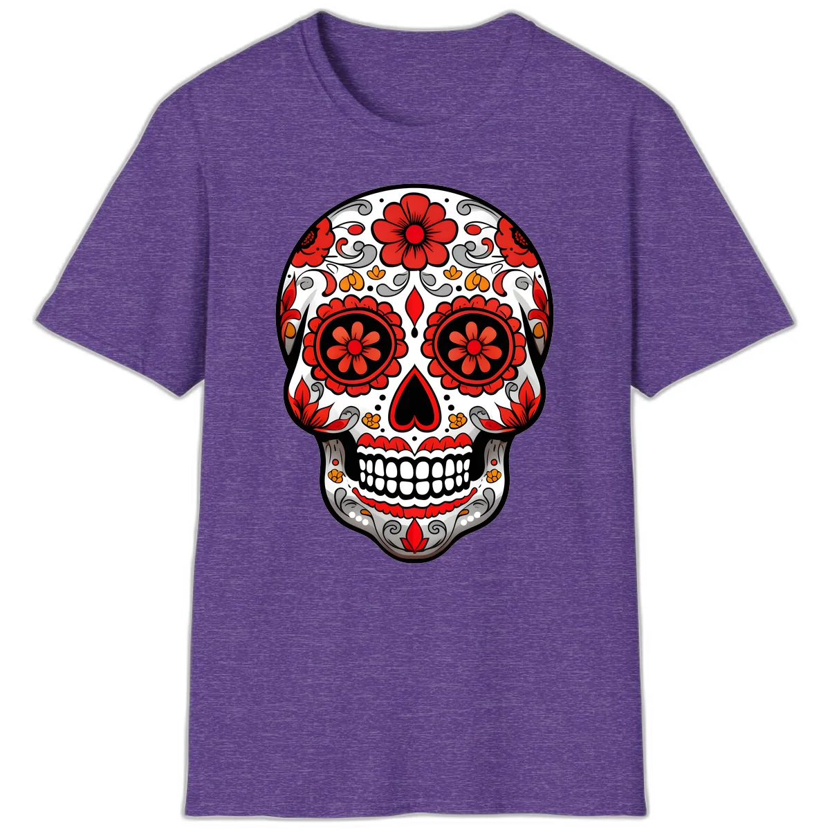 Vibrant Floral Ornate Calavera Sugar Skull T-Shirt in Heather Purple