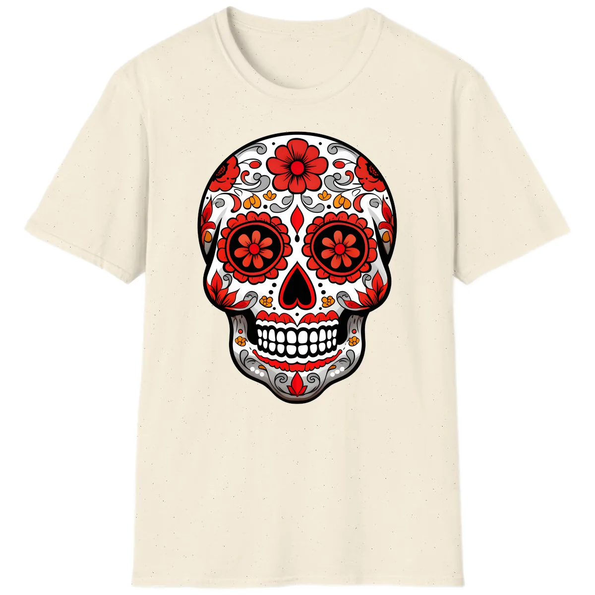 Vibrant Floral Ornate Calavera Sugar Skull T-Shirt in Natural