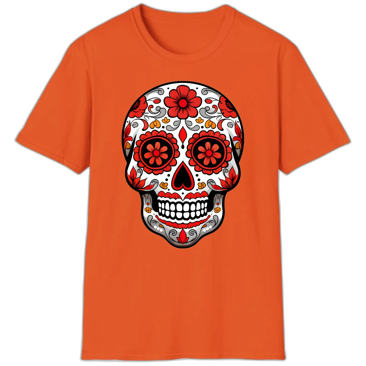 Vibrant Floral Ornate Calavera Sugar Skull T-Shirt in Orange