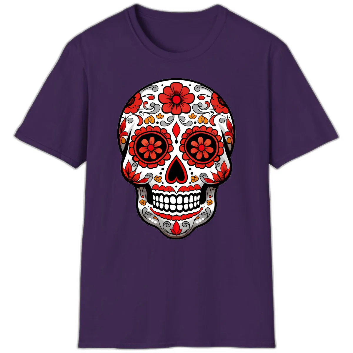 Vibrant Floral Ornate Calavera Sugar Skull T-Shirt in Purple