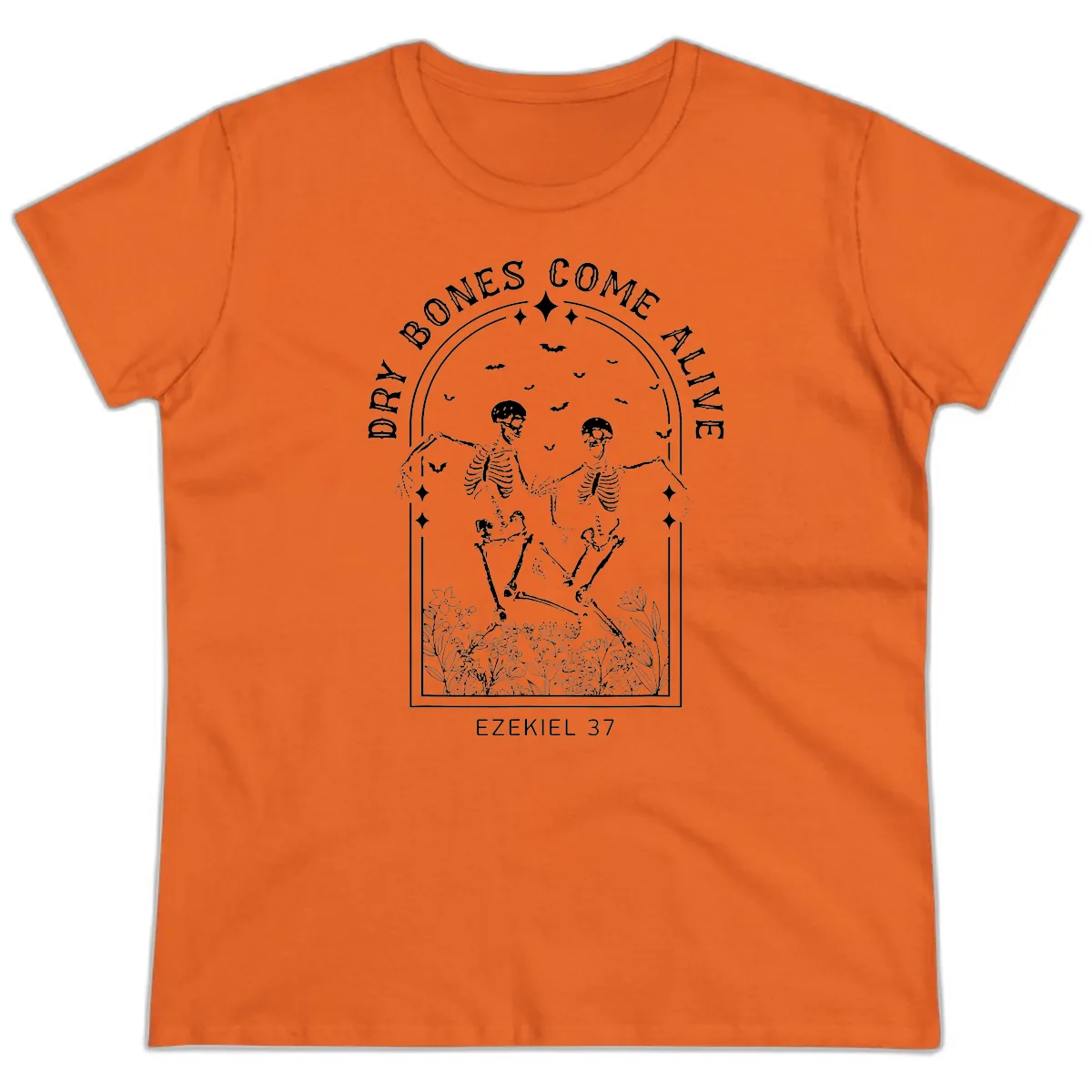 Dry Bones Come Alive Halloween Art Ladies Tee in Orange