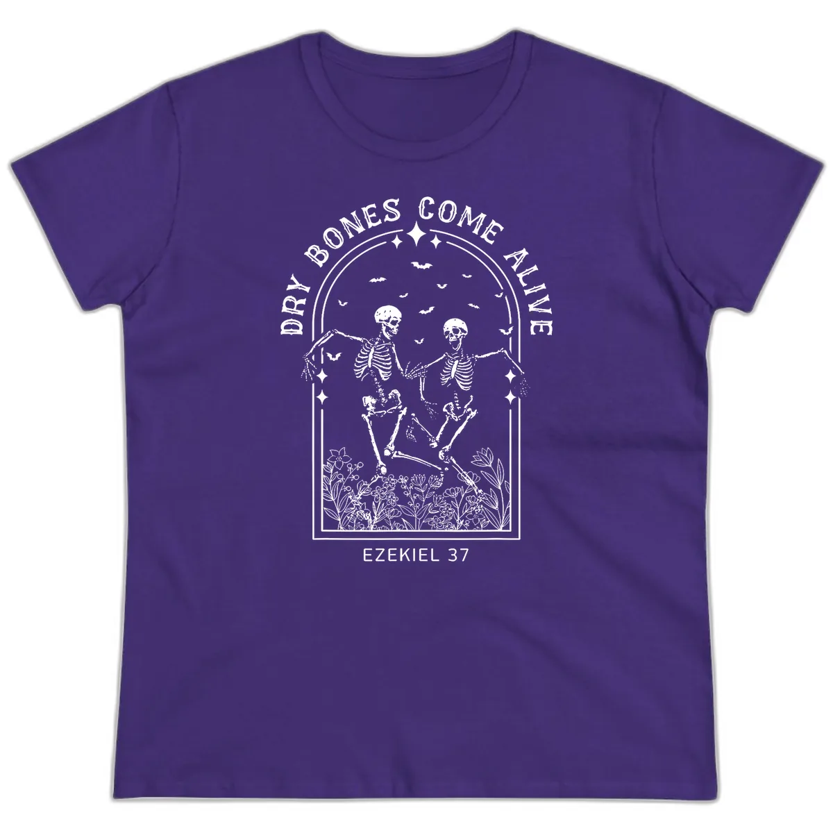 Dry Bones Come Alive Halloween Art Ladies Tee in Purple