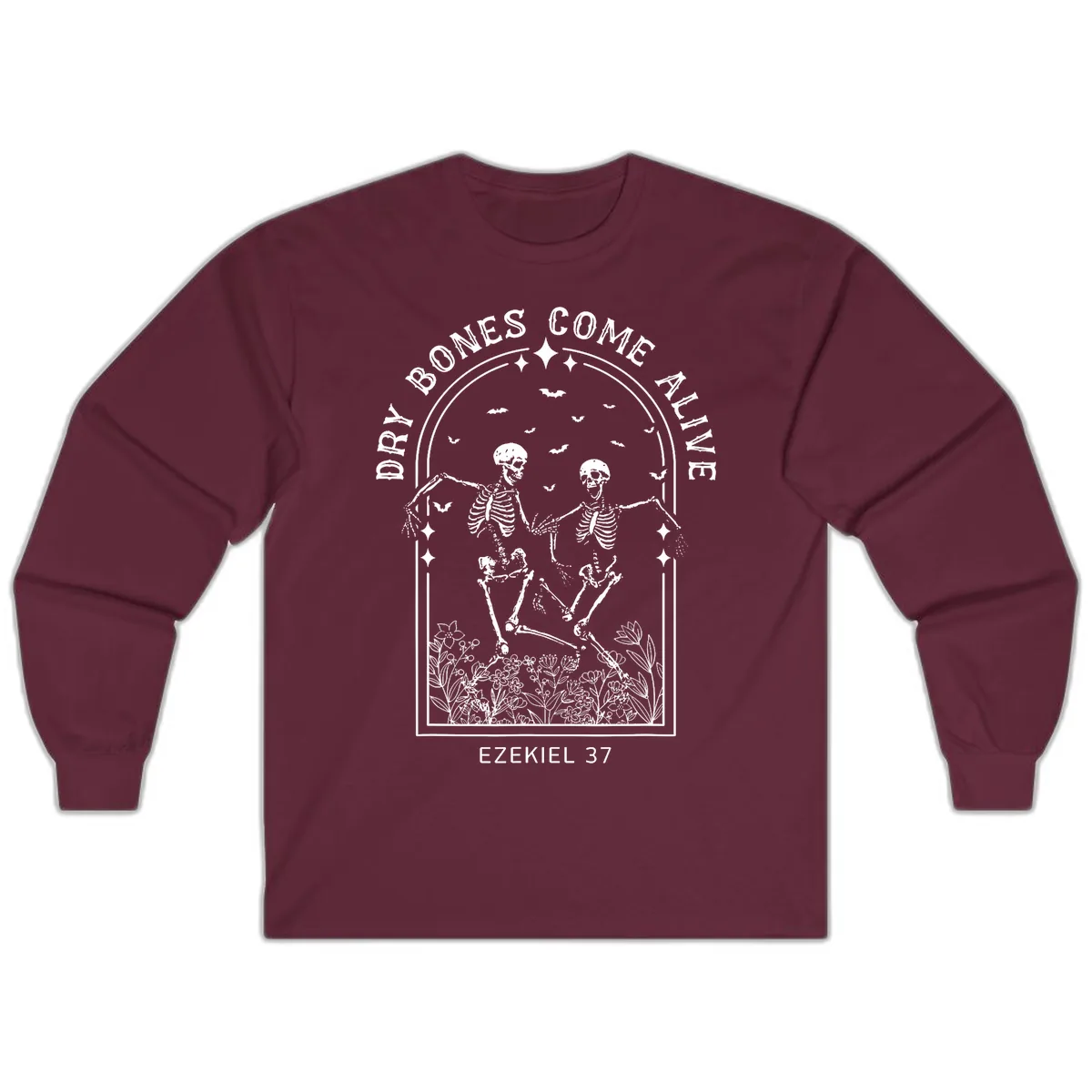 Dry Bones Come Alive Halloween Art Long Sleeve in Maroon