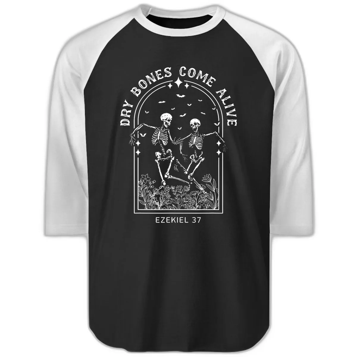 Dry Bones Come Alive Halloween Art Raglan 3/4 in Black White