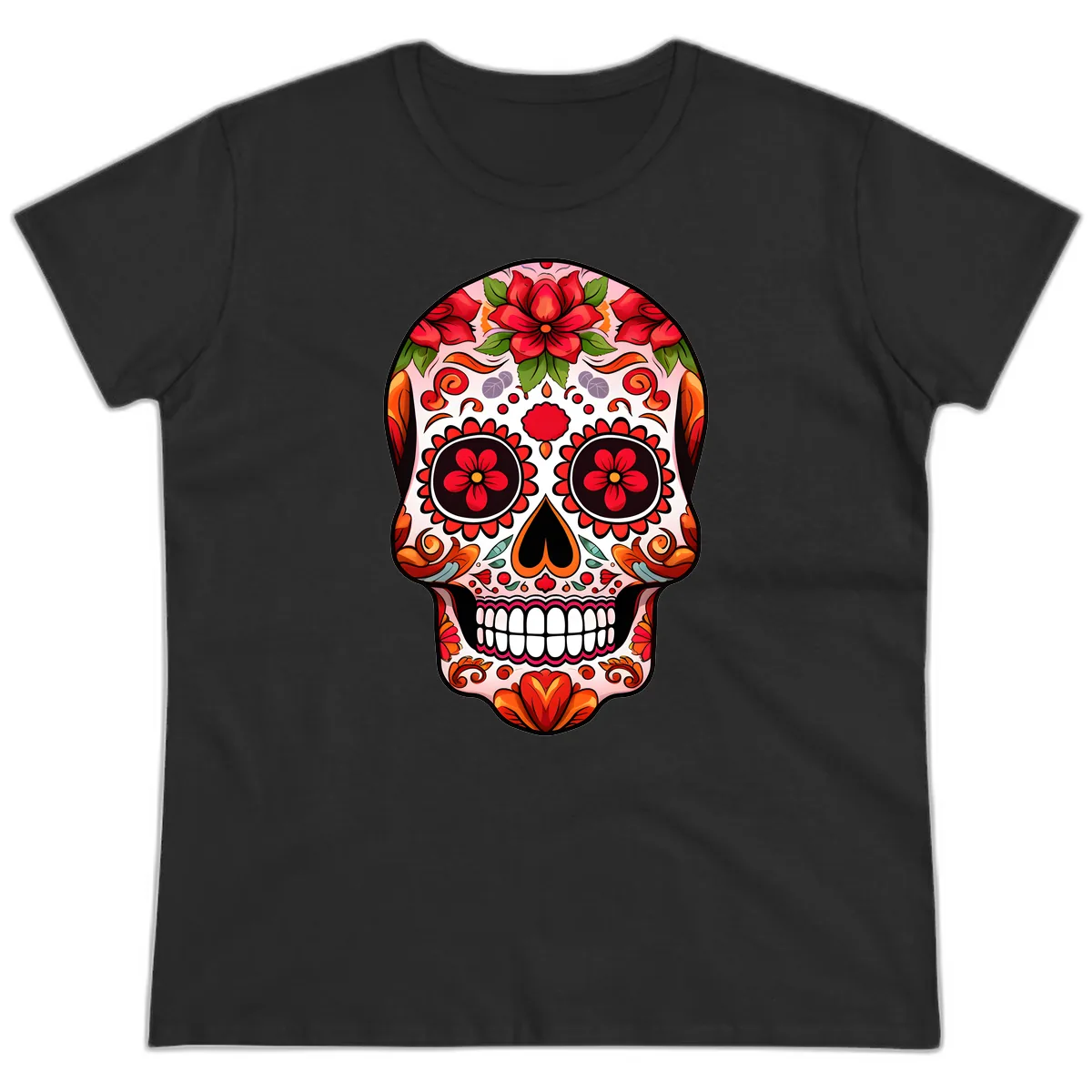 Vibrant Floral Sugar Skull Calavera Ladies Tee in Black