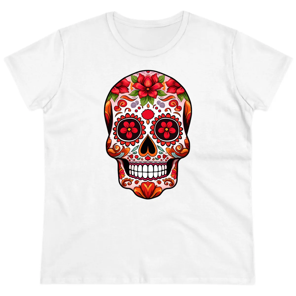 Vibrant Floral Sugar Skull Calavera Ladies Tee in White