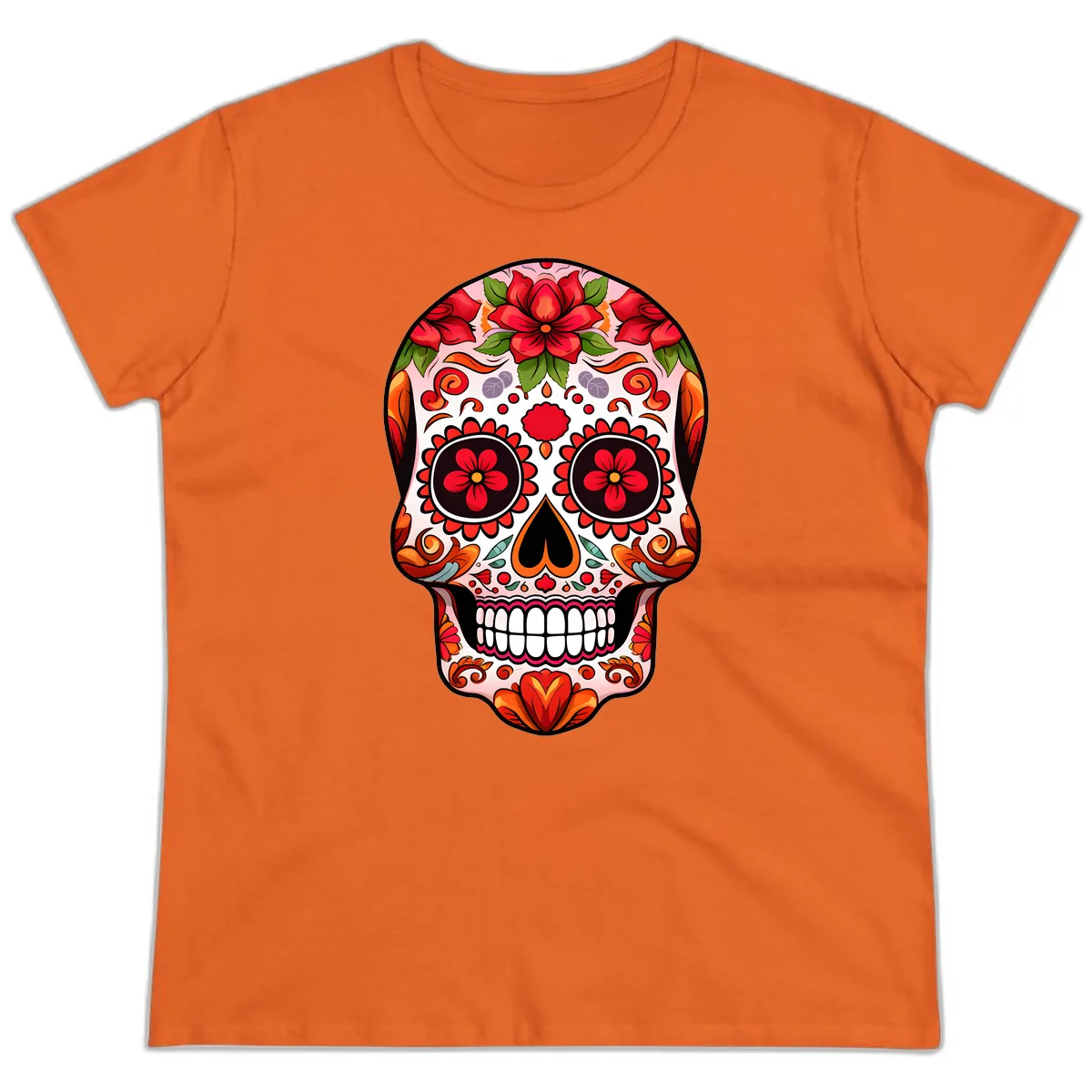 Vibrant Floral Sugar Skull Calavera Ladies Tee in Orange