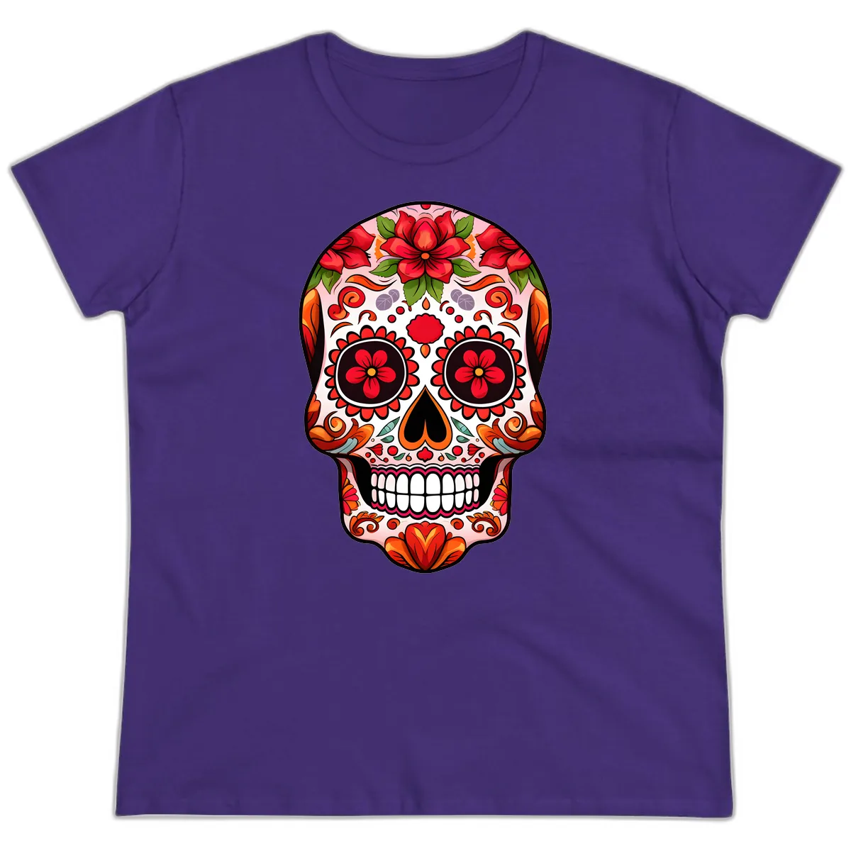 Vibrant Floral Sugar Skull Calavera Ladies Tee in Purple