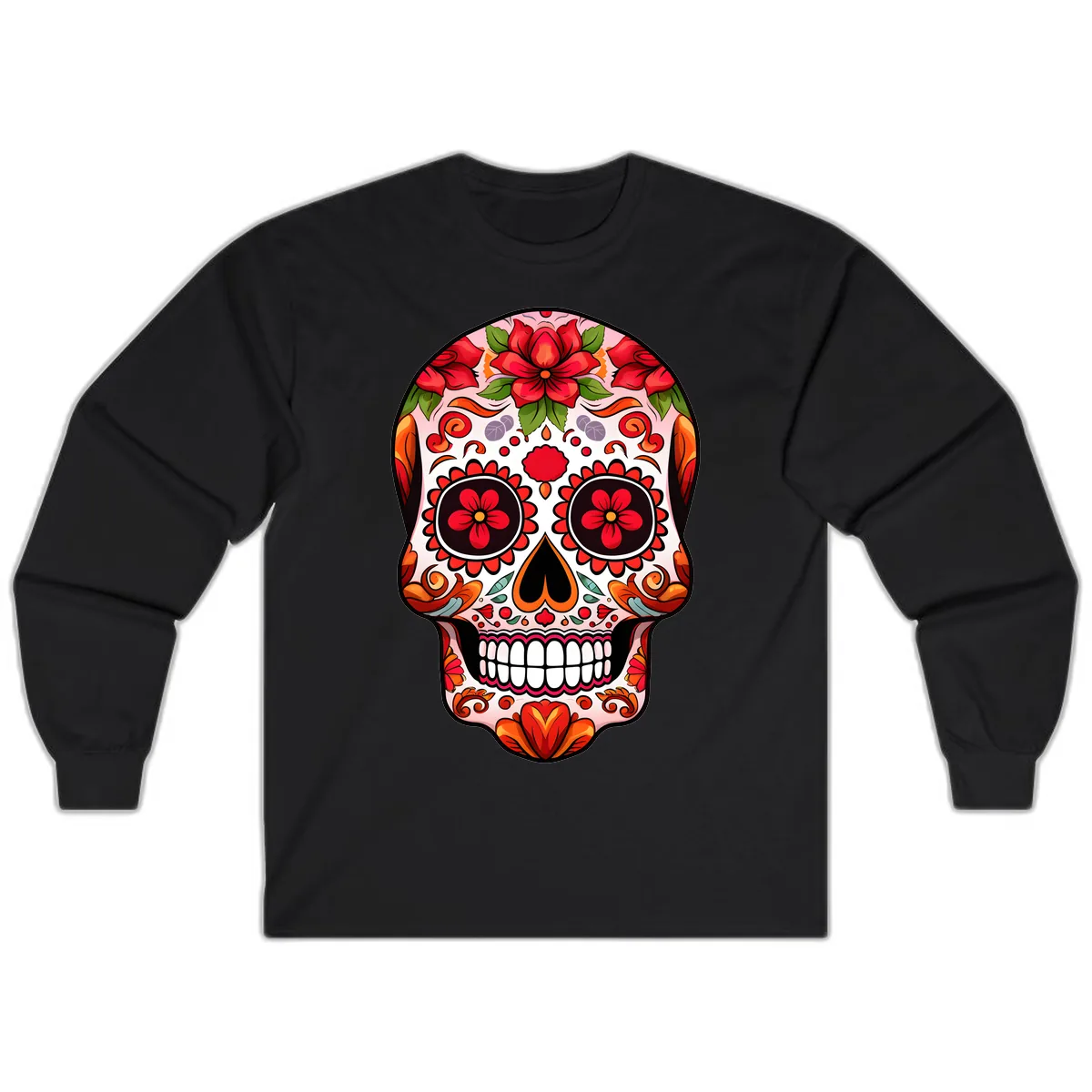 Vibrant Floral Sugar Skull Calavera Long Sleeve in Black