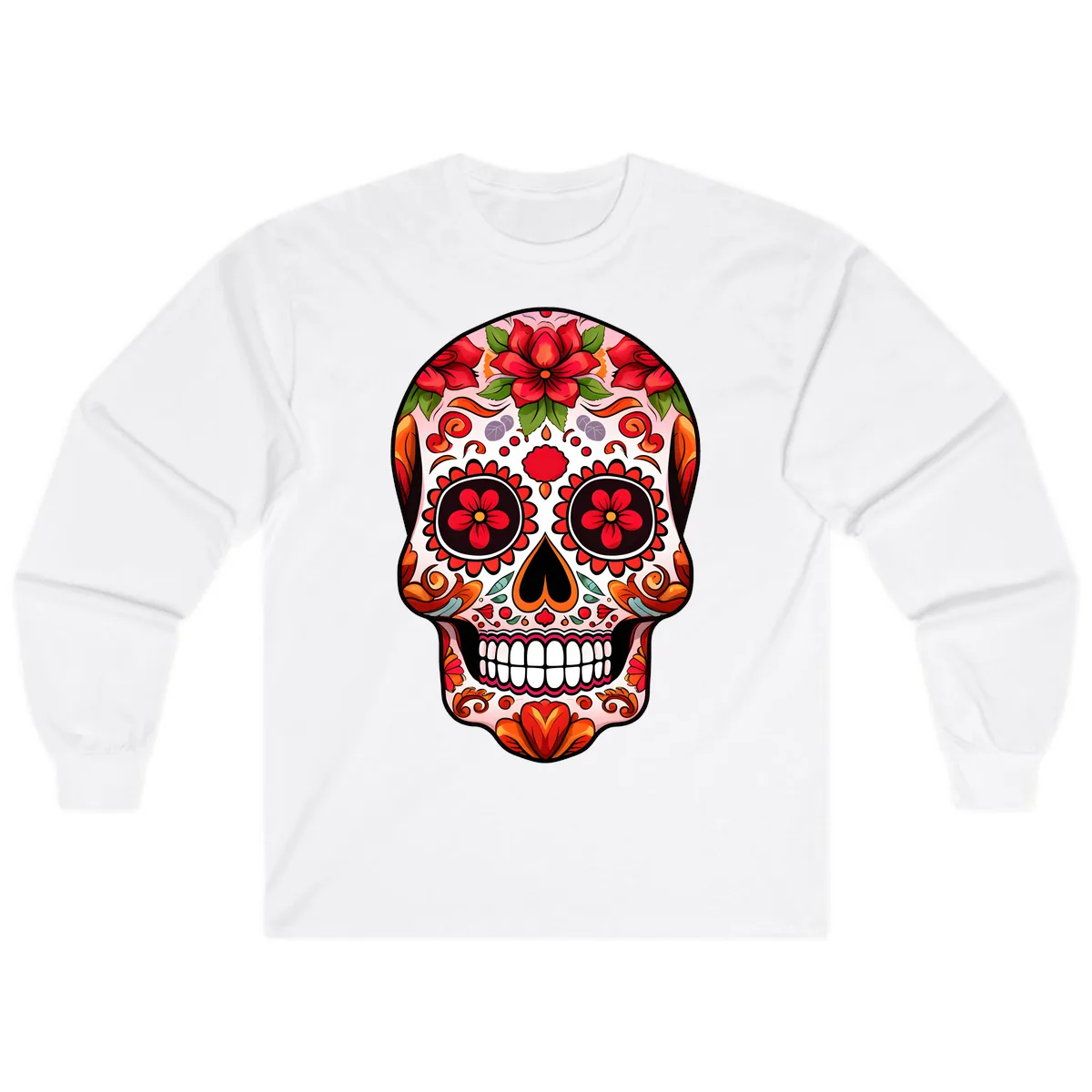 Vibrant Floral Sugar Skull Calavera Long Sleeve in White