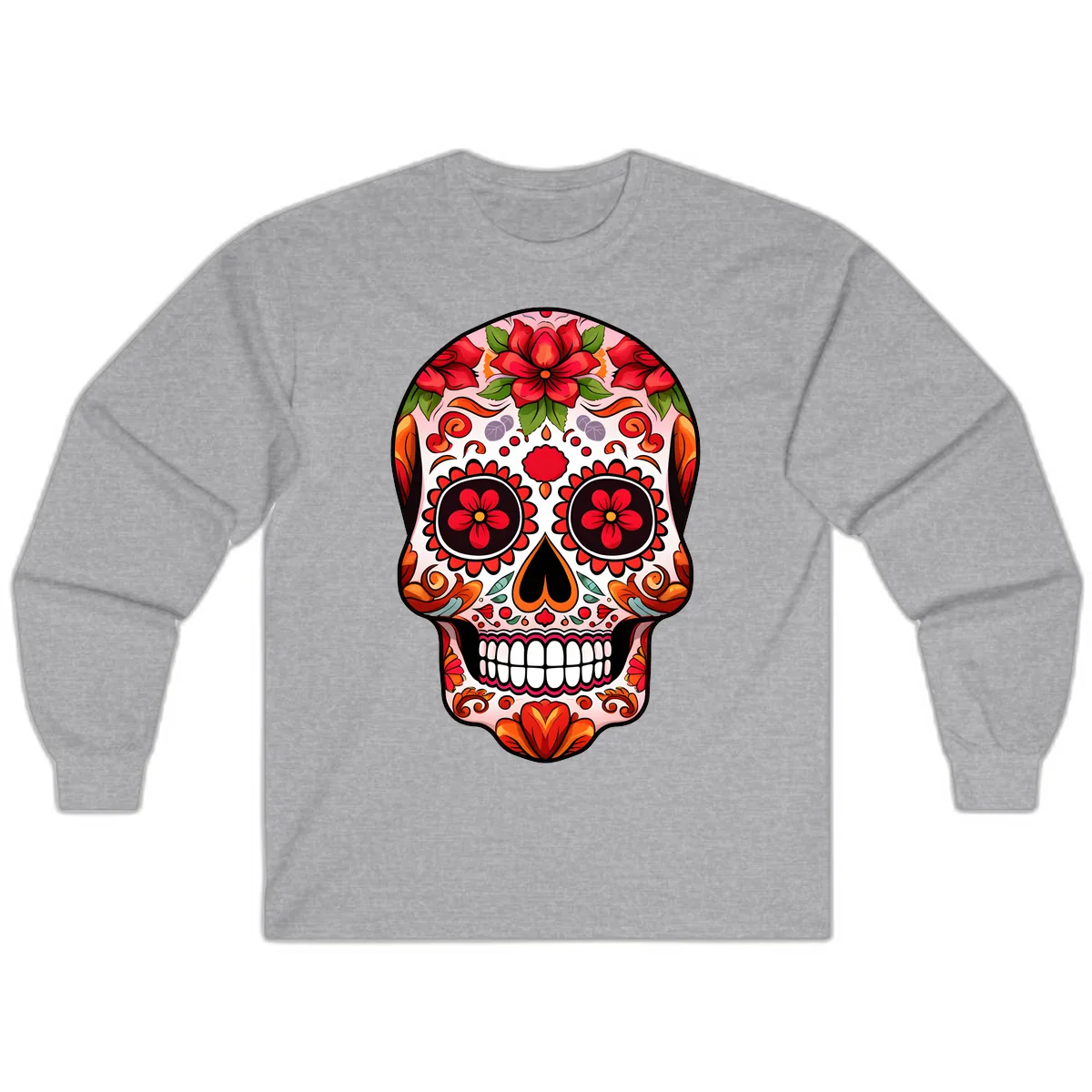 Vibrant Floral Sugar Skull Calavera Long Sleeve in Sport Grey