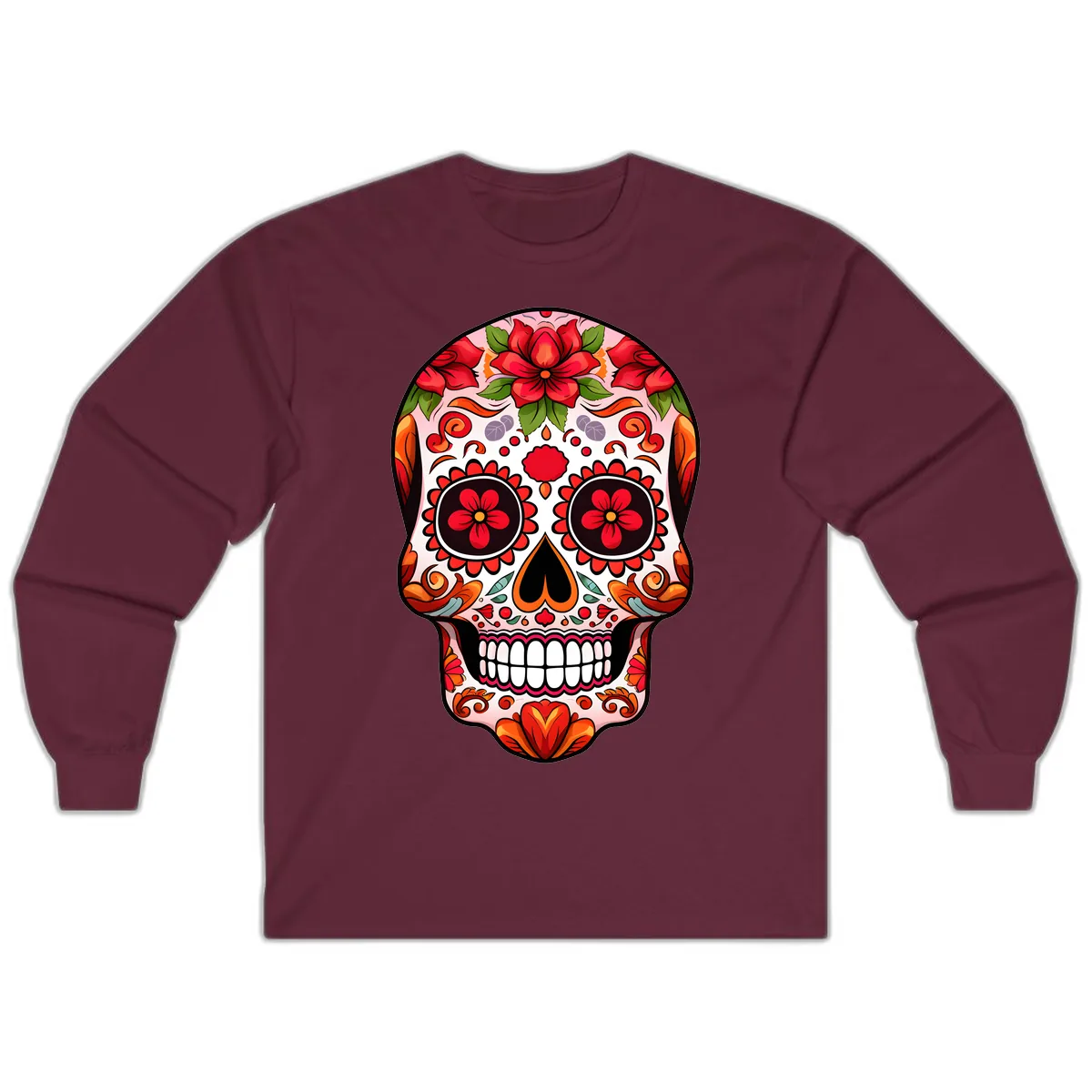 Vibrant Floral Sugar Skull Calavera Long Sleeve in Maroon