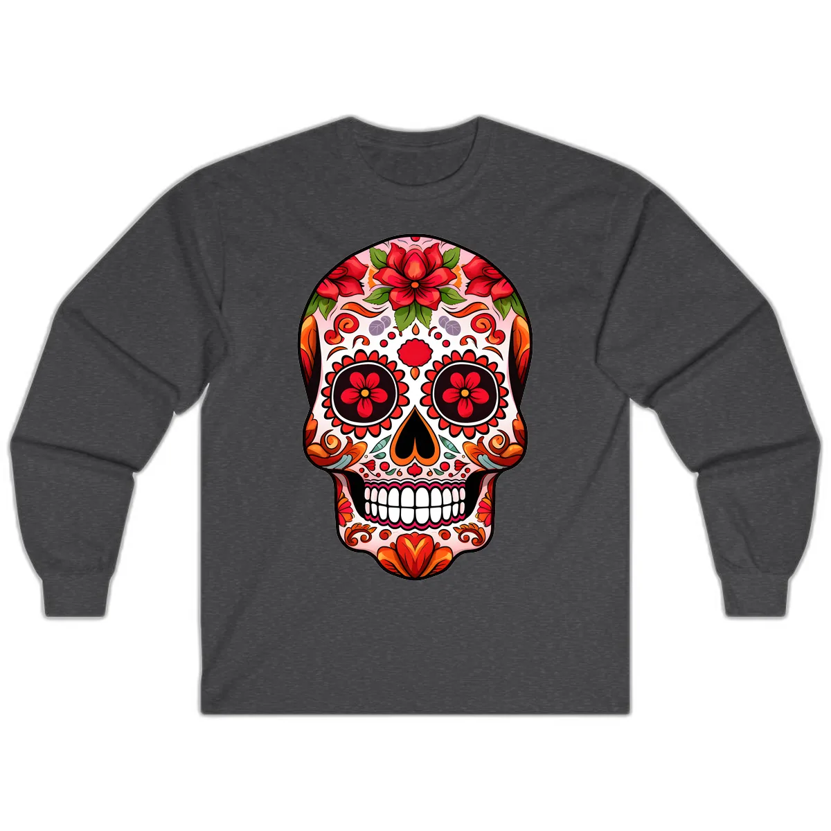 Vibrant Floral Sugar Skull Calavera Long Sleeve in Dark Heather