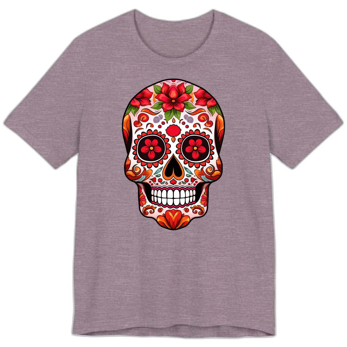 Vibrant Floral Sugar Skull Calavera Premium T-Shirt in Heather Purple