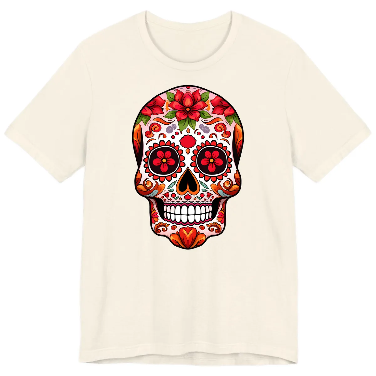 Vibrant Floral Sugar Skull Calavera Premium T-Shirt in Natural