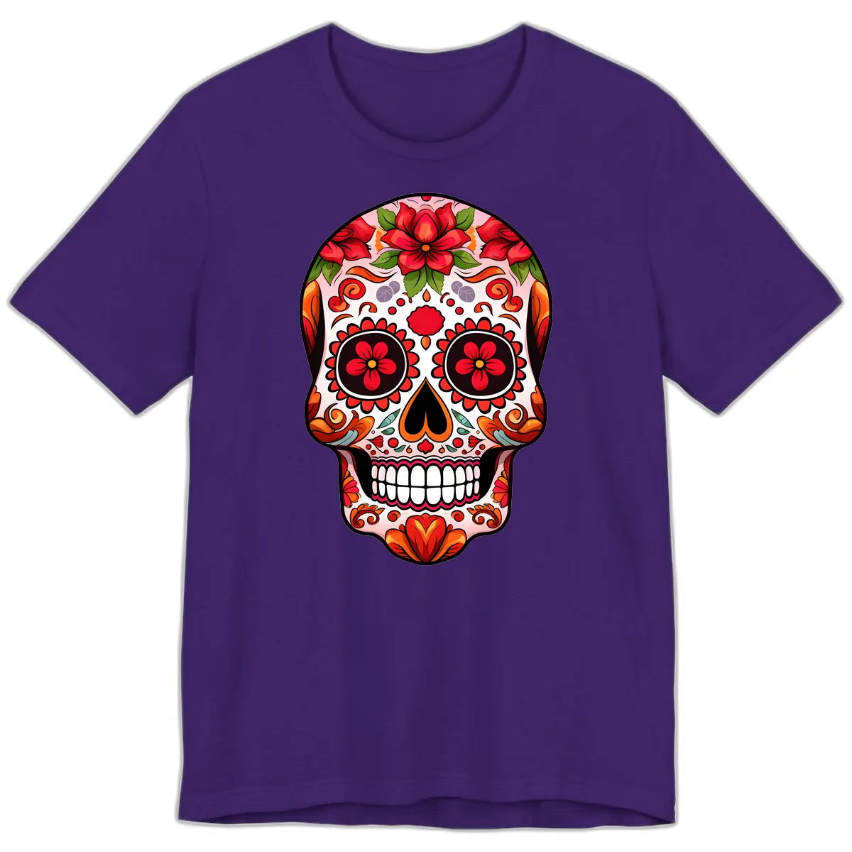 Vibrant Floral Sugar Skull Calavera Premium T-Shirt in Team Purple