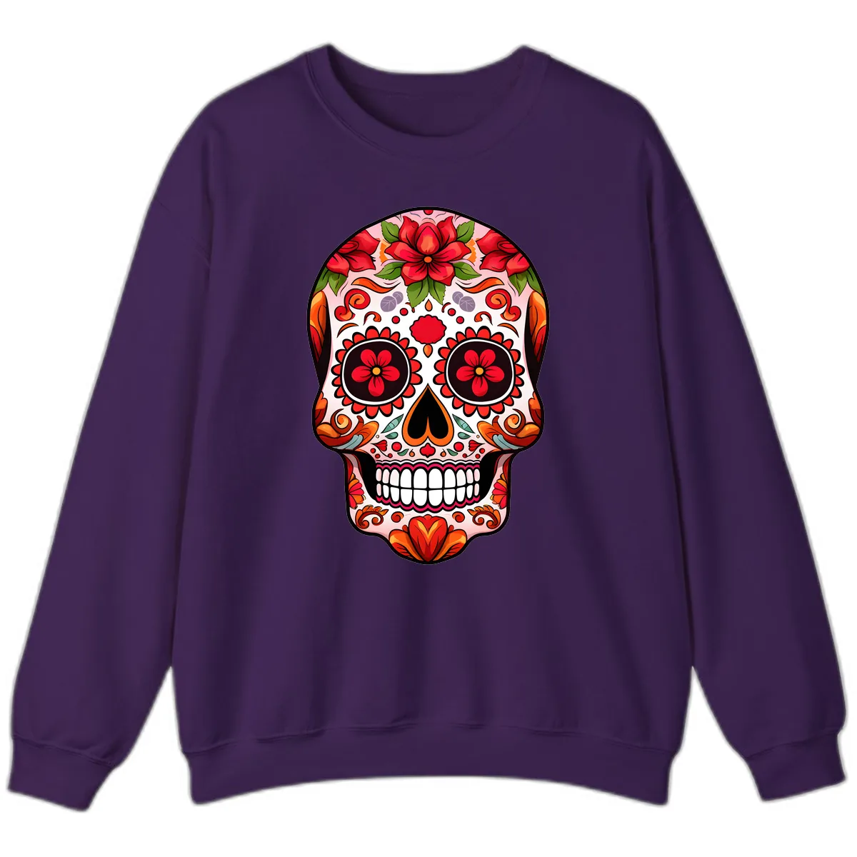 Vibrant Floral Sugar Skull Calavera Sweatshirt in Purple