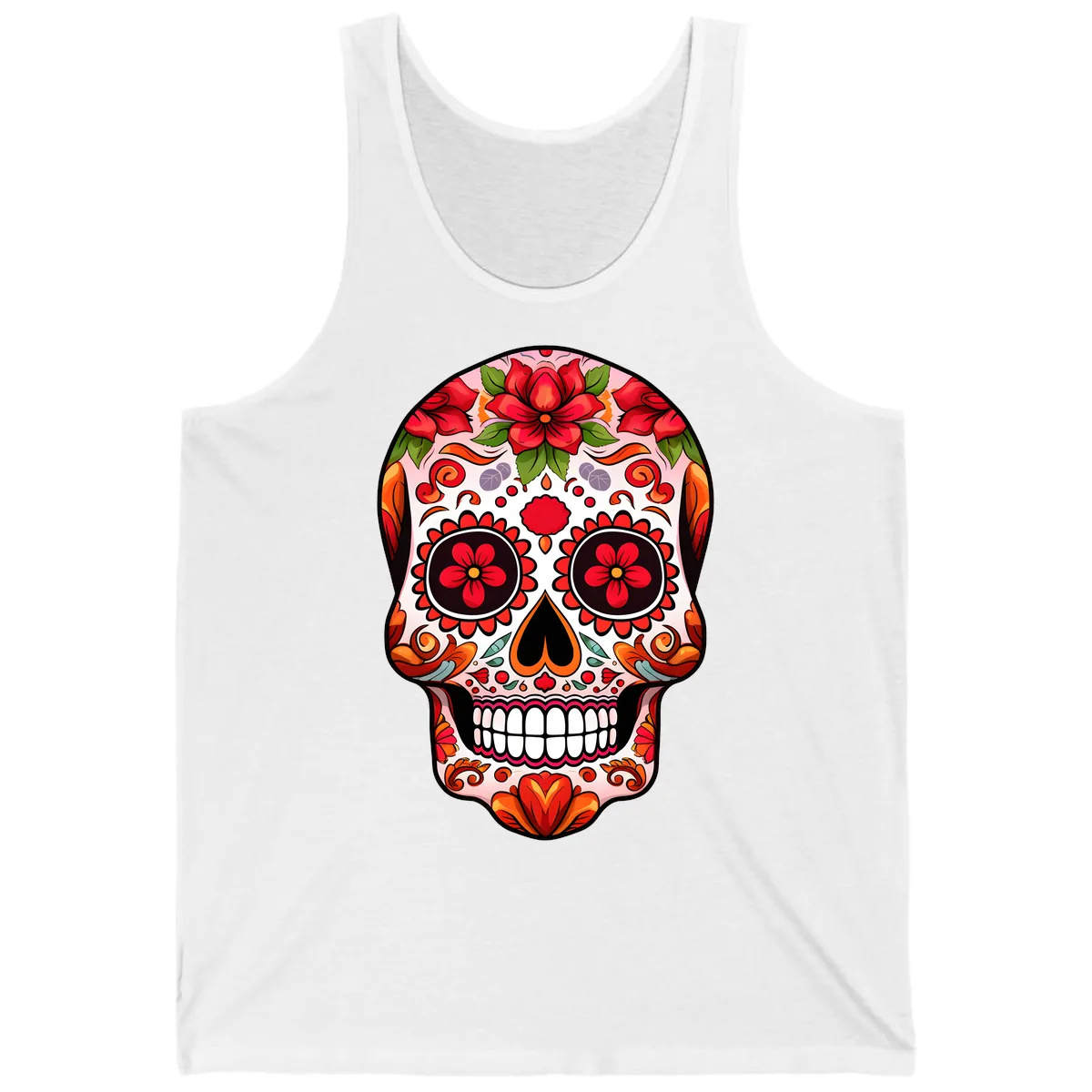 Vibrant Floral Sugar Skull Calavera Tank in White