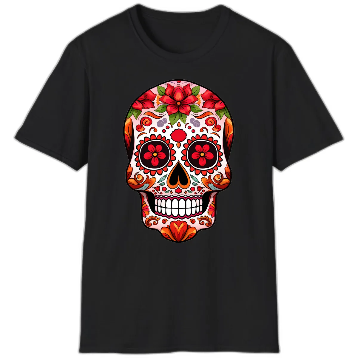 Vibrant Floral Sugar Skull Calavera T-Shirt in Black