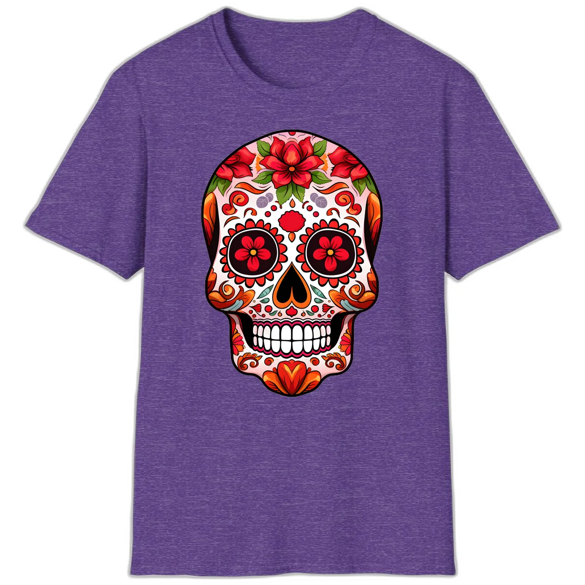 Vibrant Floral Sugar Skull Calavera T-Shirt in Heather Purple