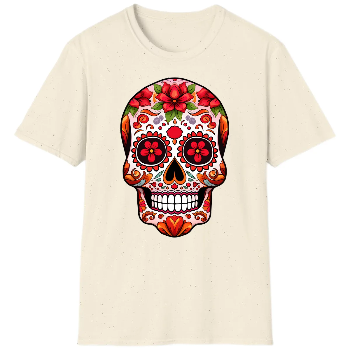Vibrant Floral Sugar Skull Calavera T-Shirt in Natural